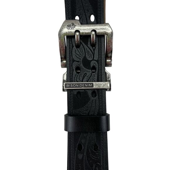 BISON DENIM Belt Dual-Prong Rugged Buckle Black/Brown Leather Sz 34–36 - Picture 2 of 9